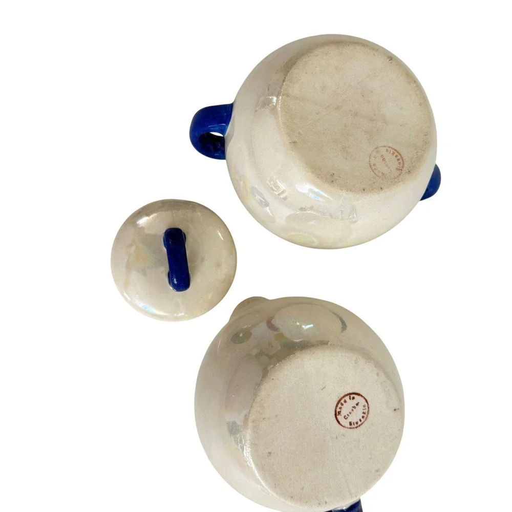 Vintage Czechoslovakia Lusterware Sugar Bowl Creamer Set Cobalt Blue Handles